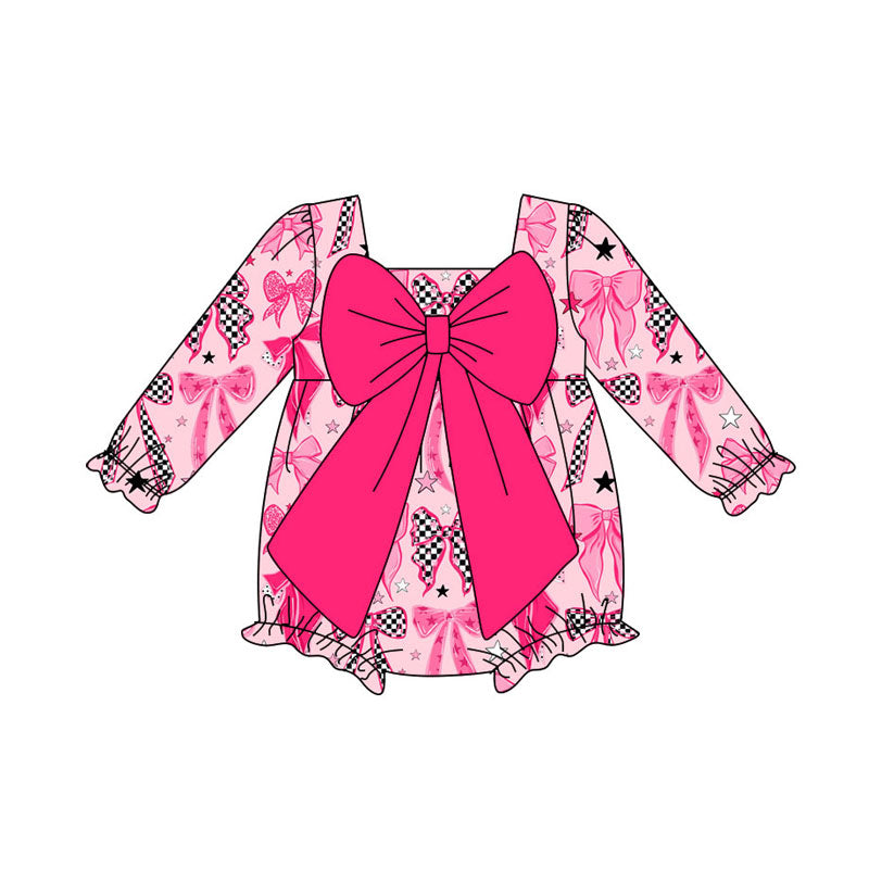 Preorder (moq 8)Baby Girls Pink Stars Bows Valentine Ruffle Rompers