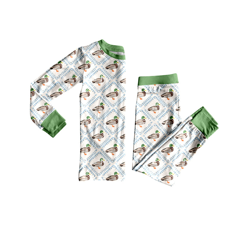 Preorder (moq 5)Baby Girls Long Sleeves Green Ducks Plaid Top Pant Pajamas Set