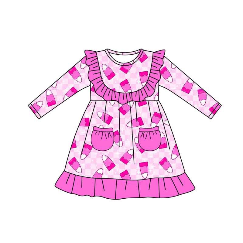 Preorder moq 5 Baby Girls Long Sleeves Hot Pink Pockets Candy Knee Length Dresses