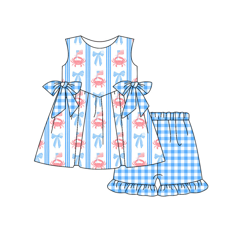 Preorder moq 5 Baby Girls Blue Sleeveless Crabs Flags Bows Tunic Plaid Ruffle Short 4th Of July Set