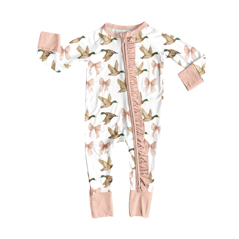 Preorder(moq 5)Baby Girls Bows Ducks Pink Zipper Footie Rompers