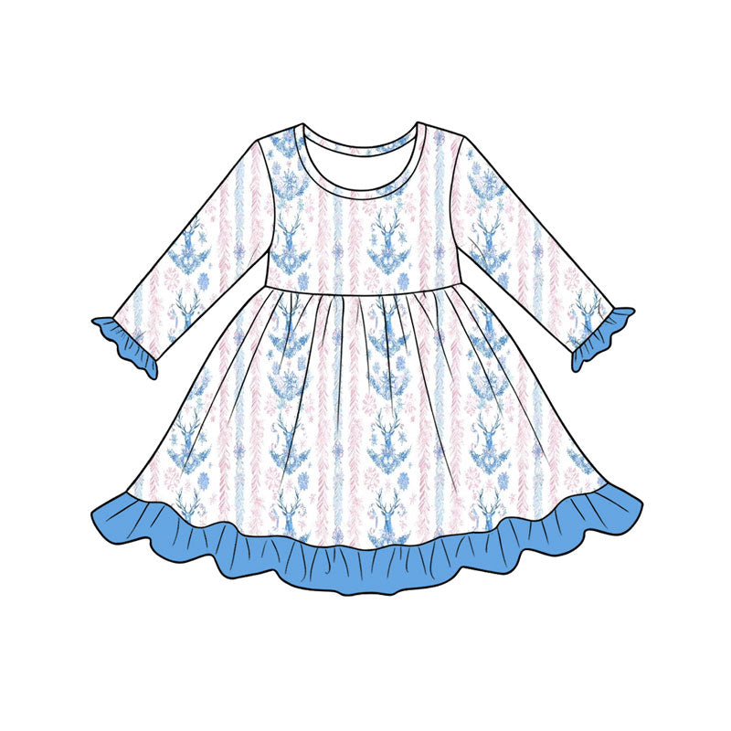 Preorder (moq 5) Baby Girl Clothes Blue Deer Floral Mixed Print Long Sleeve Twirl Dress