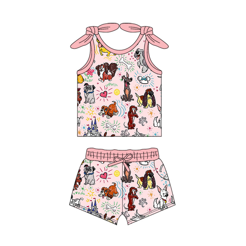 Preorder moq 5 Baby Girls Bows Sleeveless Cartoon Dogs Top Pockets Short Set