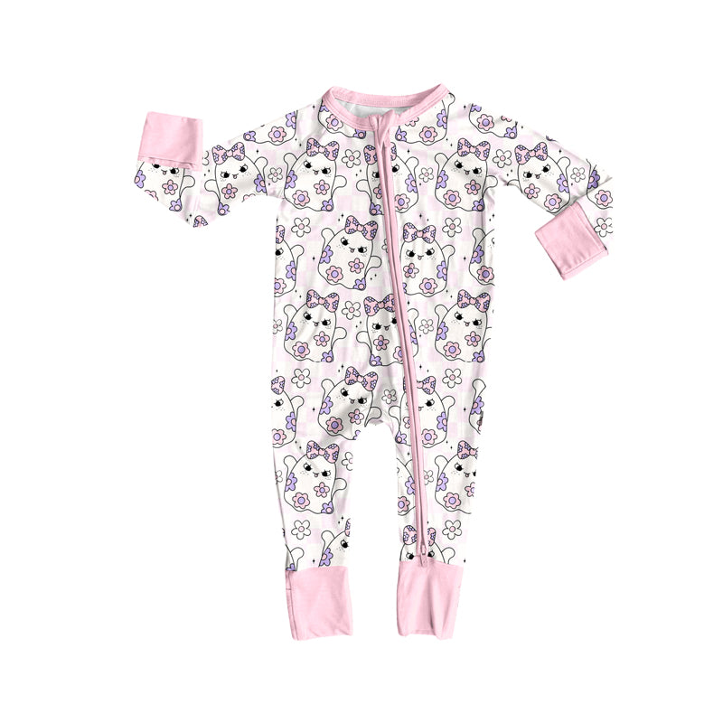 Preorder (moq 5)Baby Girls Long Sleeves Pink Flowers Ghosts Plaid Zipper Pant Romper