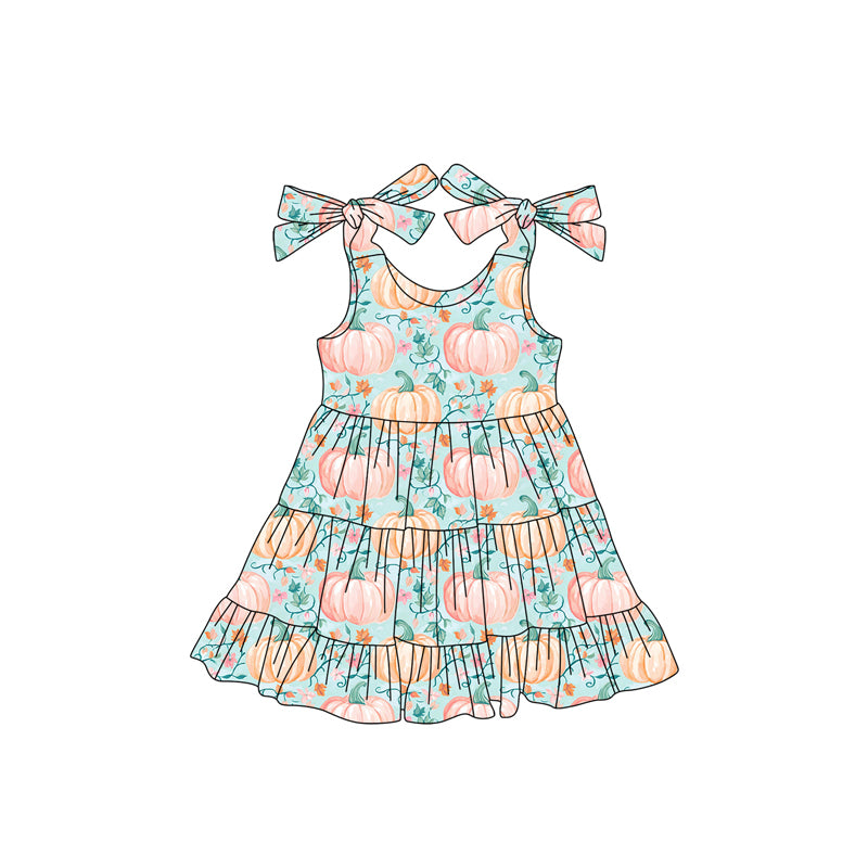 Preorder (moq 5)Baby Girls Bows Sleeveless Blue Flowers Pumpkins Plaid Ruffle Knee Length Dresses