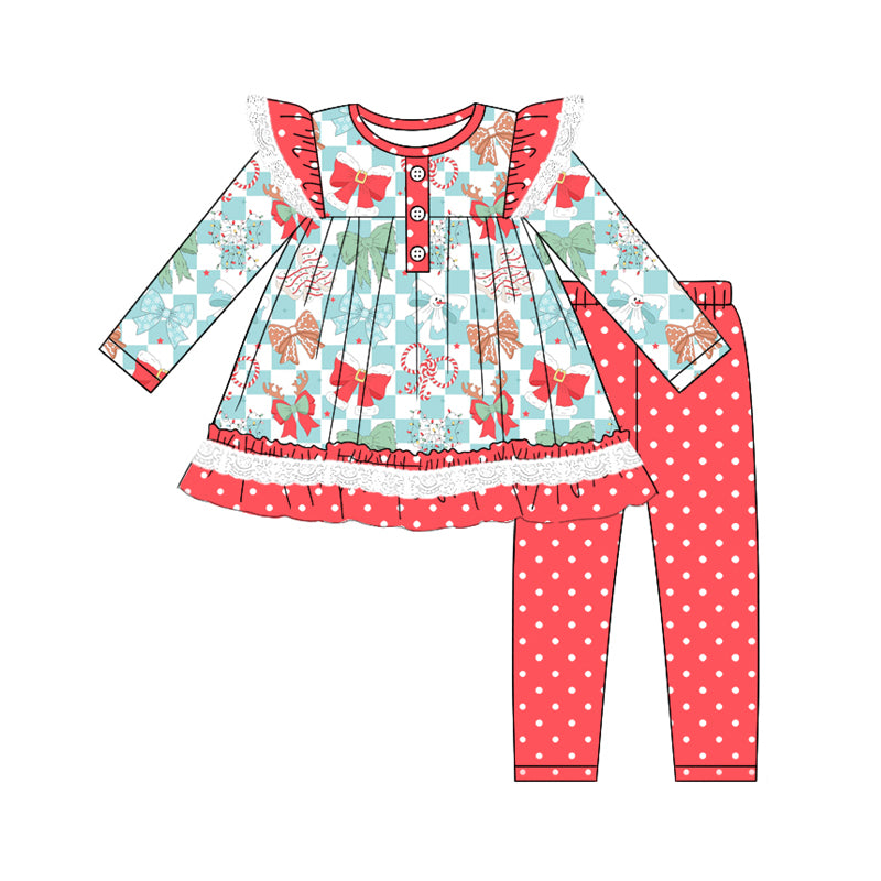 Preorder (moq 5)Baby Girls Blue Plaid Colorful Bows Button Tunic Polka Dots Legging Pant Set