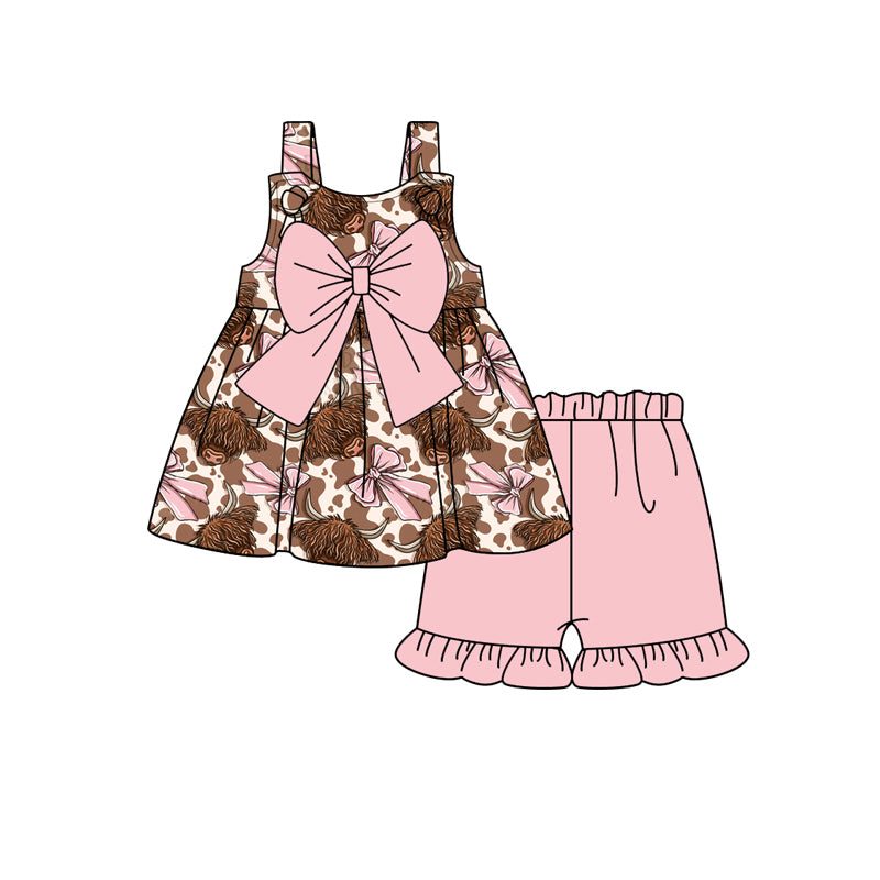 Preorder (moq 5)Baby Girls Western Pink Highland Cow Bow Tops Shorts Clothes Sets