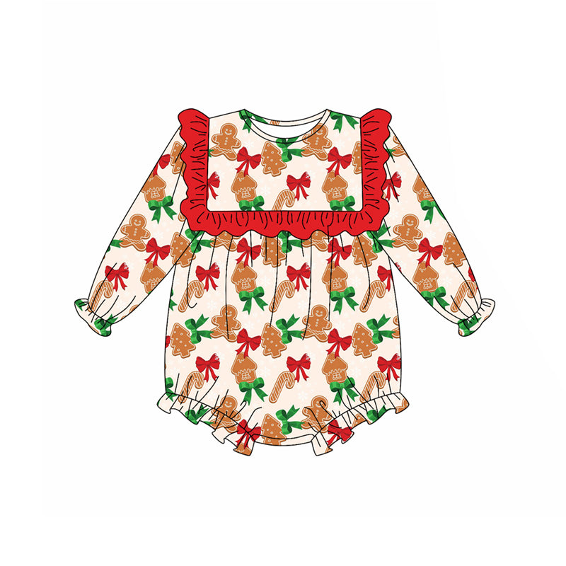 Preorder (moq 5)Baby Girls Long Sleeves Red Bows Gingerbread Ruffle Rompers