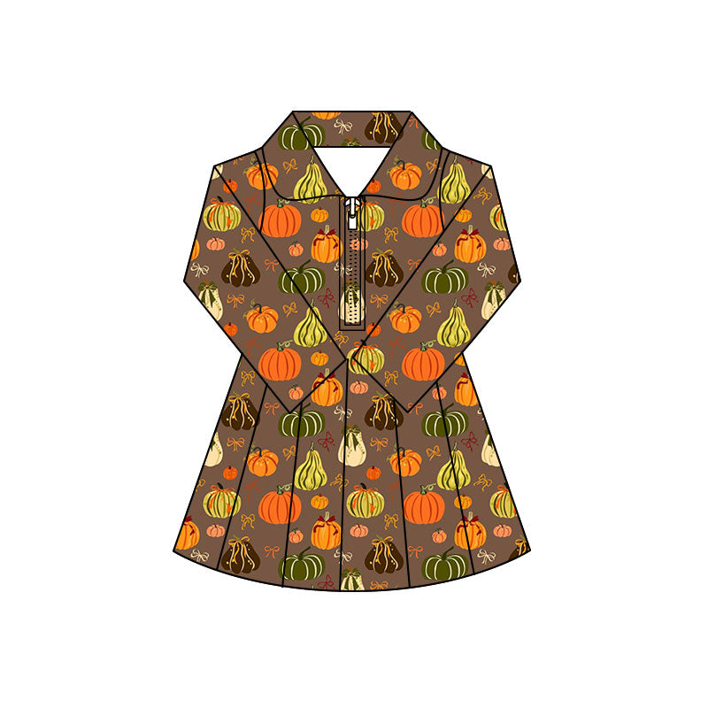 Preorder (moq 5)Baby Girls Bows Pumpkins Zip Pleated Skirt Short Fall Knee Length Dresses