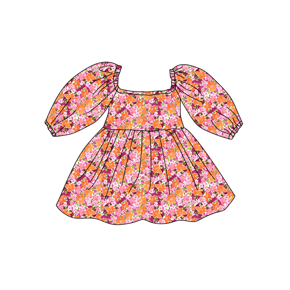 Preorder (moq 5)Baby Girls Long Sleeve Colorful Flowers Knee Length Dresses
