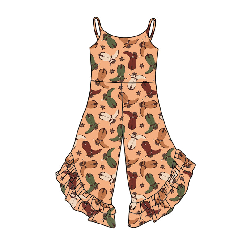 Preorder (moq 5)Baby Girls Khaki Strap Colorful Boots Ruffle Jumpsuits