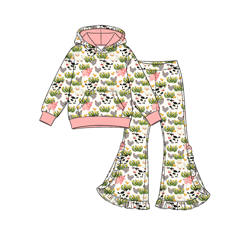 Preorder (moq 5) Girls’ Fall Green Hooded Long-Sleeve Pink Pig & Floral Ruffle Flare Pants Print Set | Matching Sister & Family Outfits