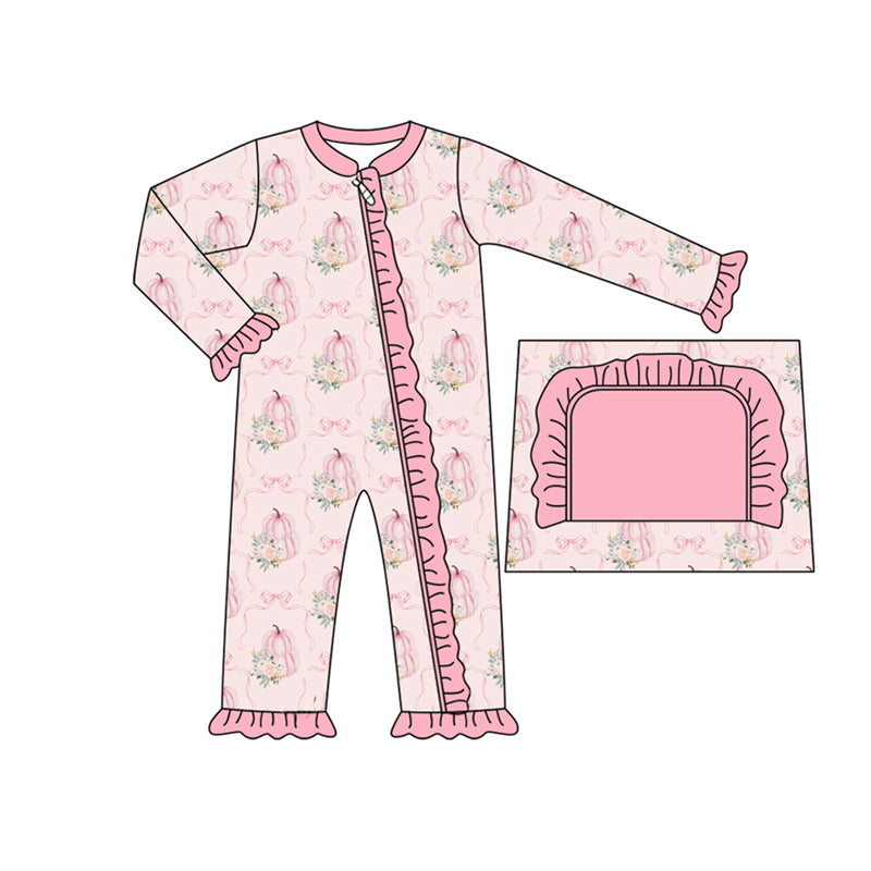 Preorder moq 5 Baby Infant Girls Long Sleeves Pink Bows Pumpkins Plaid Ruffle Zipper Romper