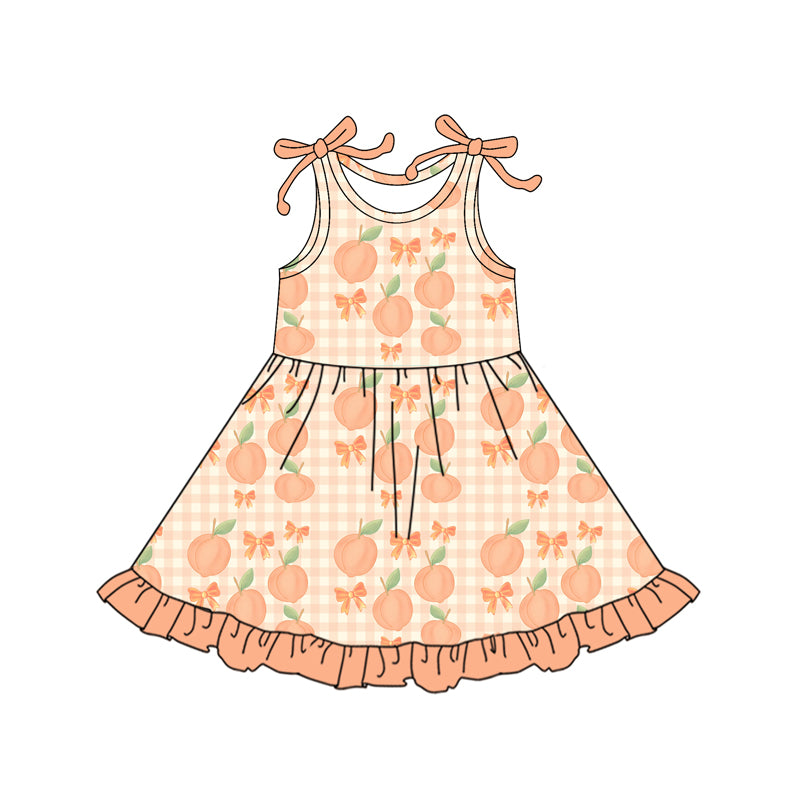 Preorder (moq 5)Baby Girls Orange Bows Sleeveless Peaches Plaid Ruffle Knee Length Dresses