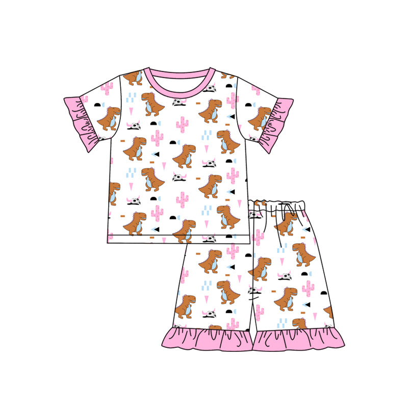 Preorder (moq 5)Baby Girls Pink Dinosaurs Cactus Shirt Top Shorts Pajamas Clothes Sets