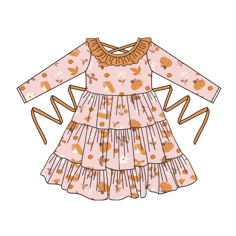 Preorder moq 5 Baby Girls Pink Long Sleeves Leaves Pumpkins With Belt Ruffle Knee Length Dresses