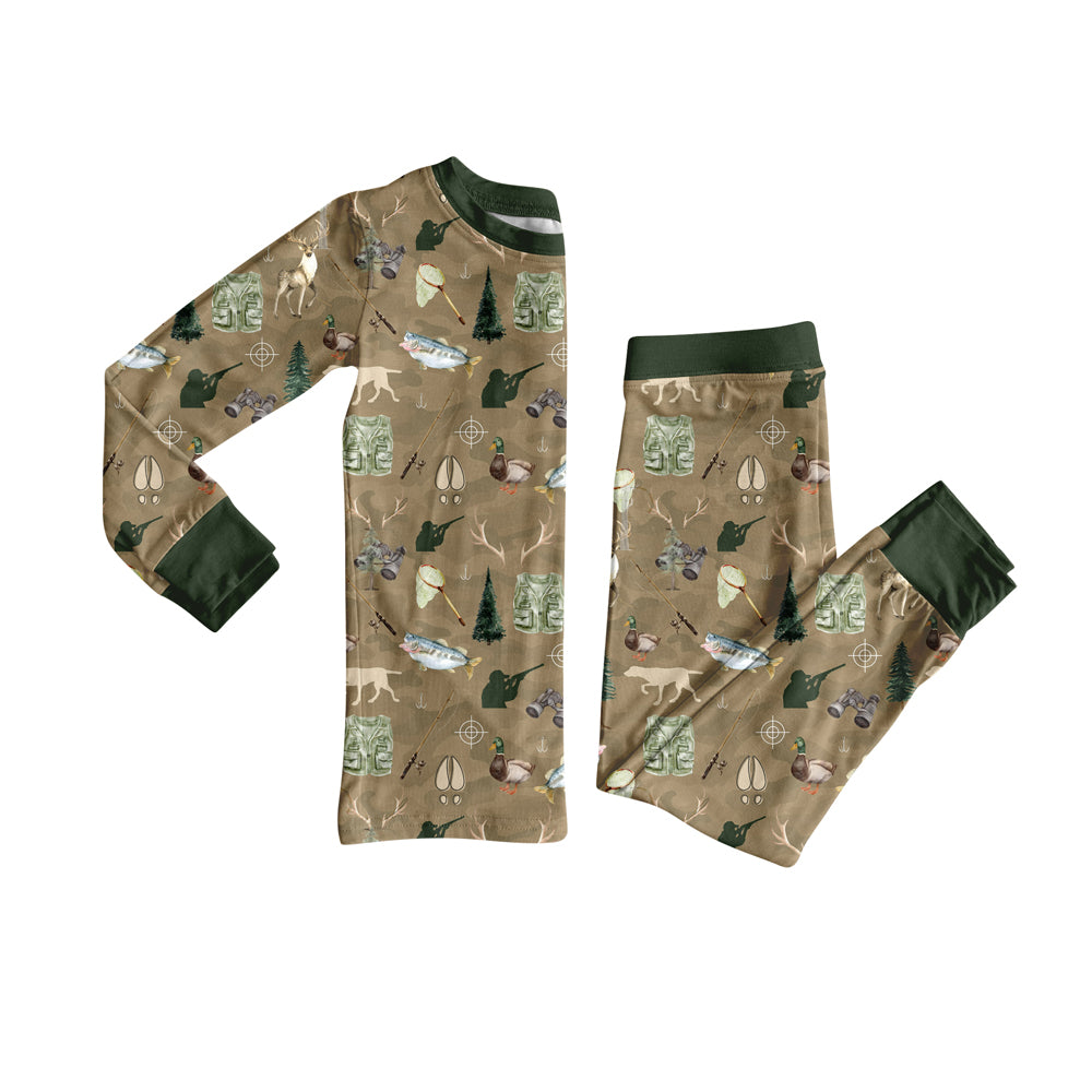 Preorder (moq 5)Baby Boys Green Long Sleeves Deer Ducks Fishing Top Pant Pajamas Set