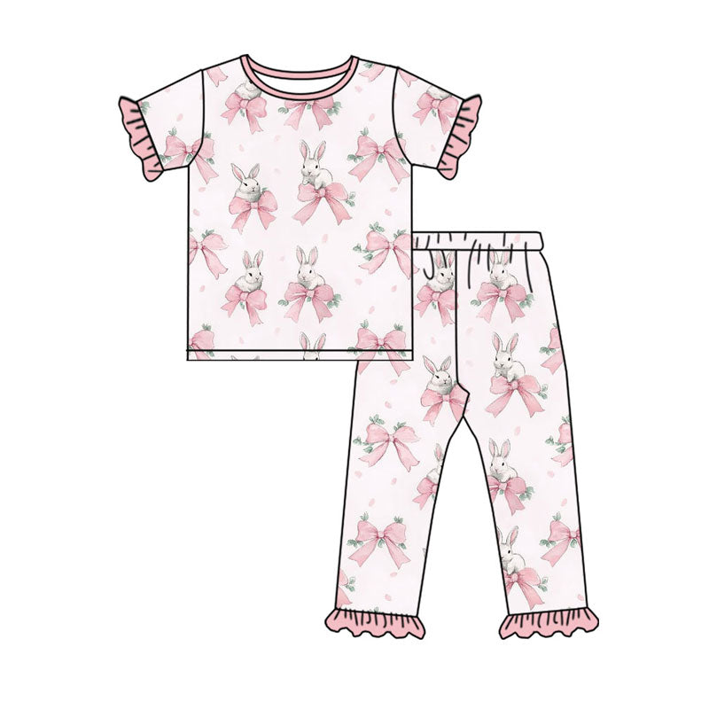 Preorder (moq 5)Baby Girls Pink Bows Rabbits Top Ruffle Pants Easter Pajamas Sets