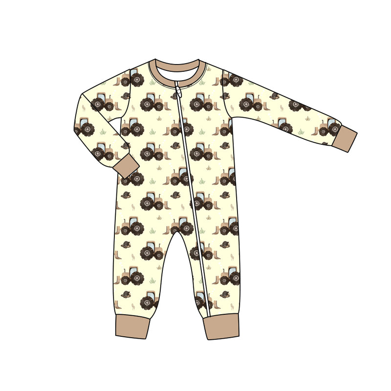 Preorder moq 5 Baby Infant Boys Long Sleeves Yellow Trucks Plaid Farm Zipper Romper