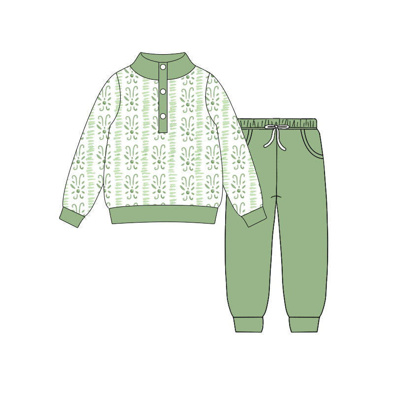 Preorder(moq 5) Baby Girls Green Flowers Stripe Button Top Pockets Jogger Clothes Sets