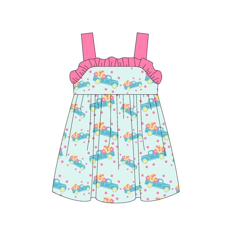 Preorder (moq 5)Baby Girls Pink Strap Flowers Trucks Knee Length Dresses