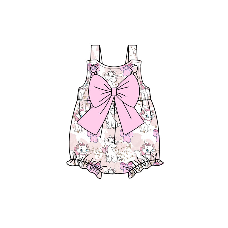 Preorder(moq 5)Baby Infant Girls Pink Strap Cartoon Cats Bows Rompers