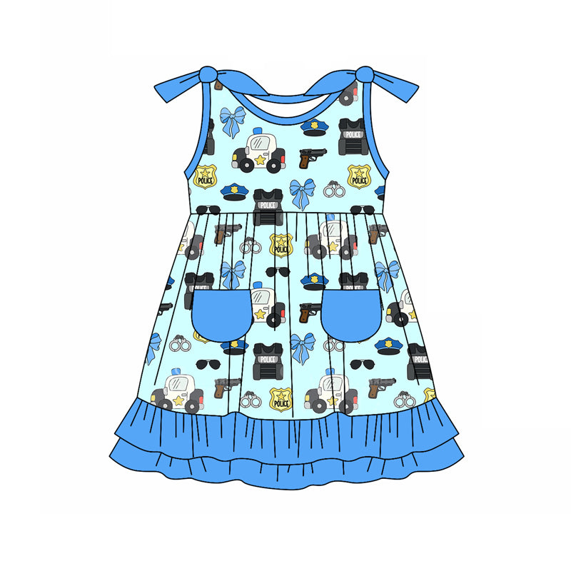 Preorder (moq 5)Baby Girls Police Blue Bows Knee Length Dresses