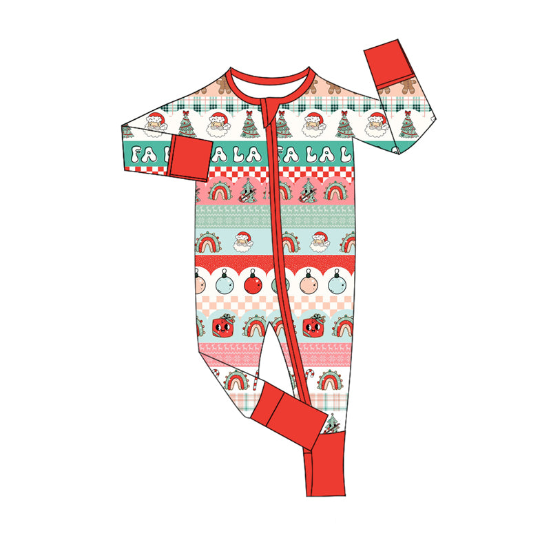 Preorder (moq 5)Baby Girls Red Long Sleeves Santa Trees Stripes Zipper Rompers