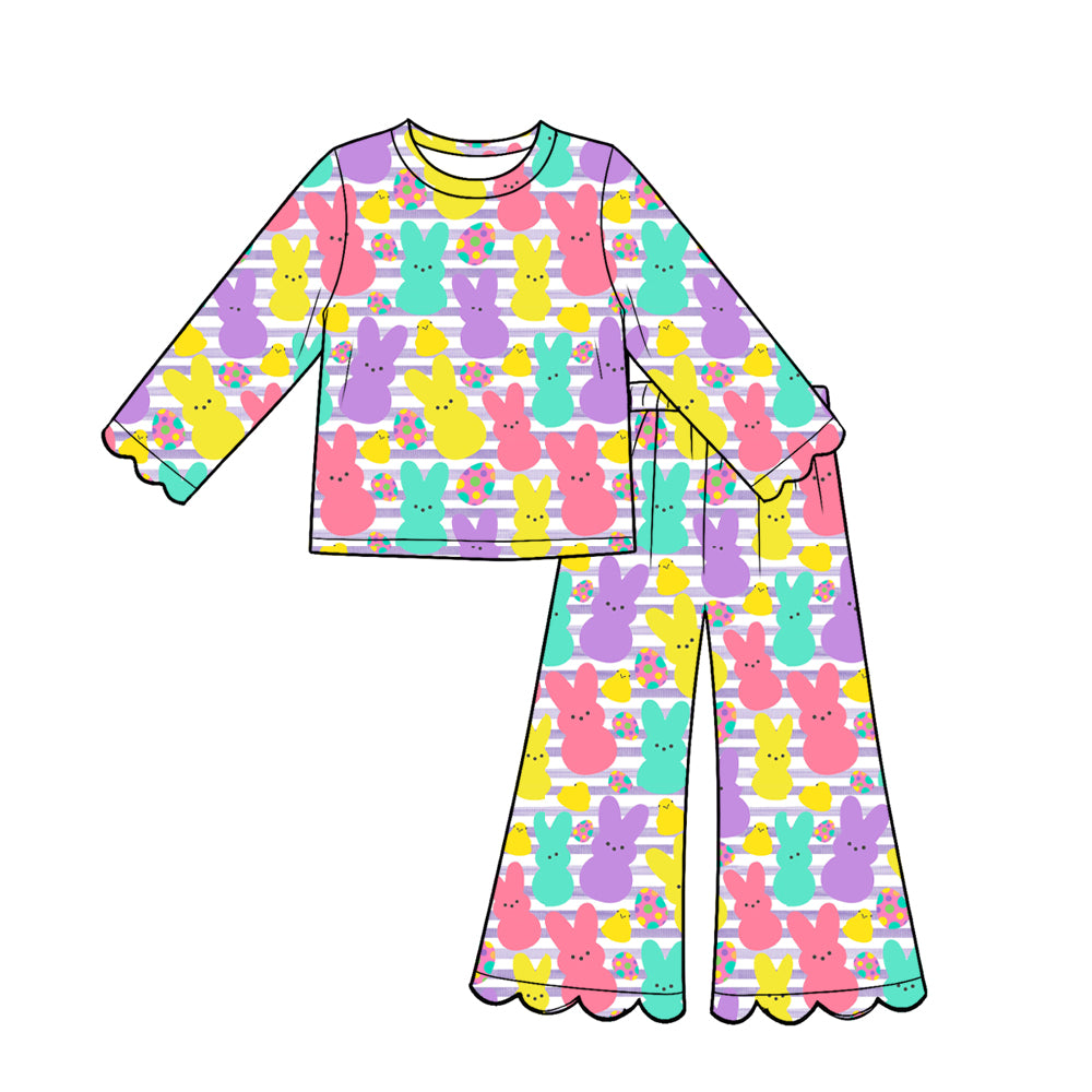 Preorder (moq 5) Baby Girl Clothes Easter Peep Bunny Stripe Print Long‑Sleeve Top Scalloped Flare Pants Set