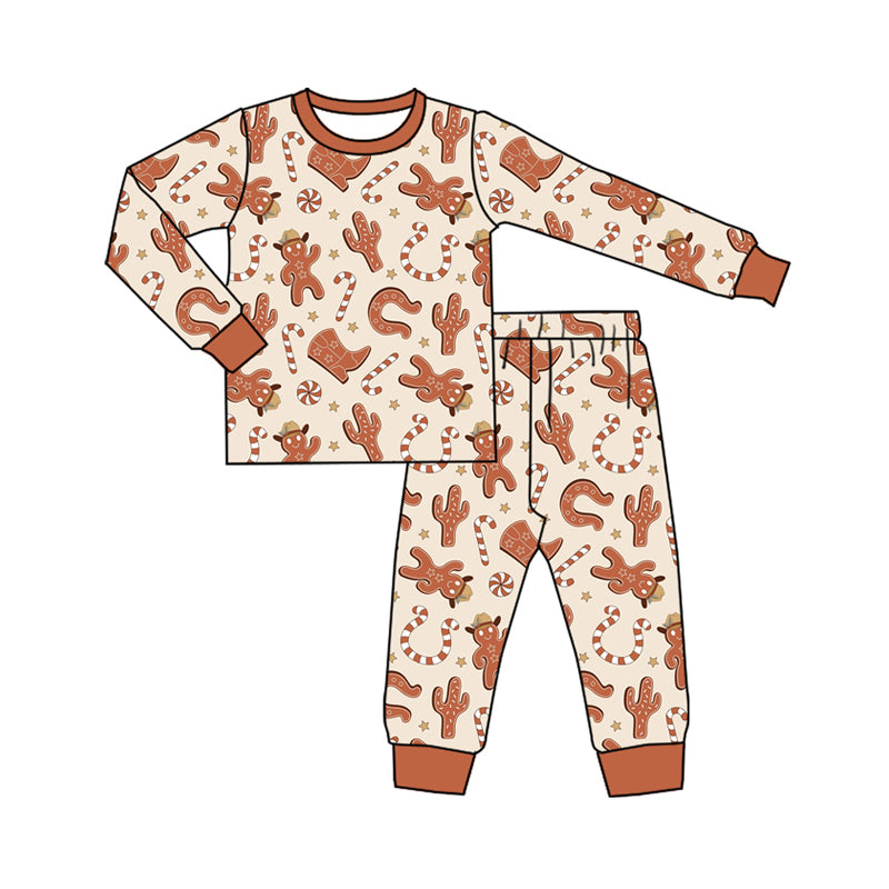 Preorder (moq 5)Baby Kids Long Sleeves Khaki Gingerbread Candy Cane Top Pant Pajamas Set