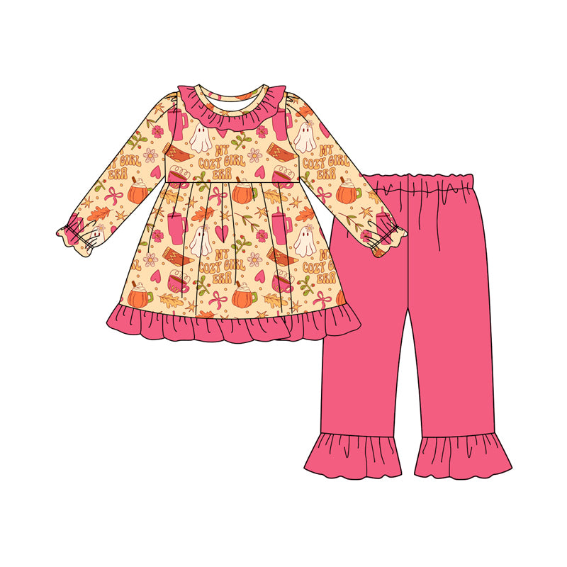 Preorder(moq 5) Baby Girls Pink Bows Ghosts Tunic Ruffle Pants Halloween Set