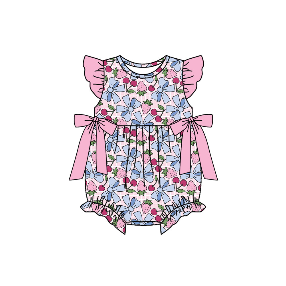 Preorder (moq 5)Baby Girls Flutter Sleeve Strawberry Cherry Bows Ruffle Rompers