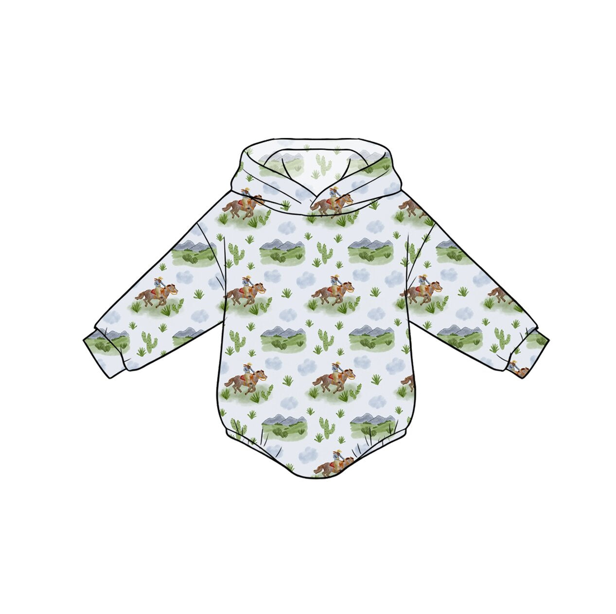 Preorder (moq 5)Baby Boys Long Sleeve Horse Cactus Western Hoodie Rompers