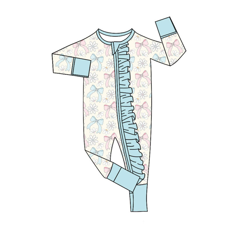 Preorder (moq 8)Baby Girls Long Sleeve Blue Pink Bows Flowers Ruffle Zipper Footie Rompers