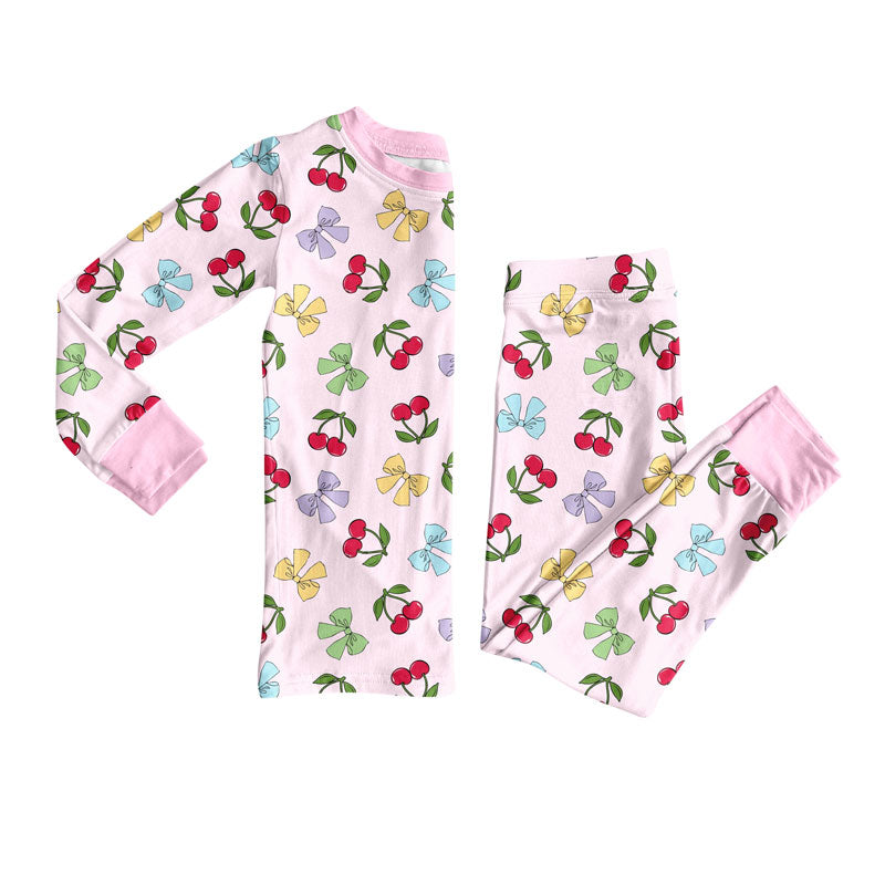 Preorder (moq 5)Baby Girls Colorful Bows Cherry Top Pants Valentine Pajamas Sets