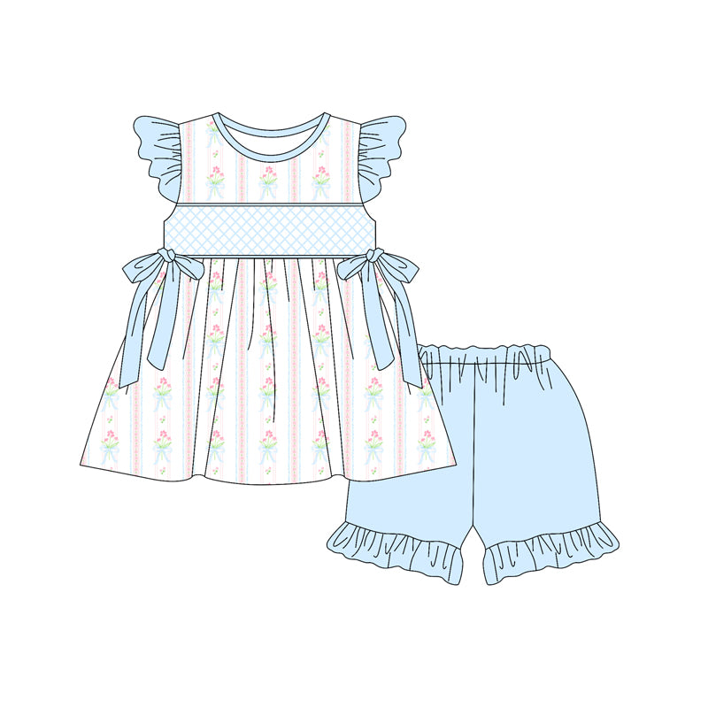 Preorder (moq 5)Baby Girls Blue Flutter Sleeves Floral Bows Tunic Ruffle Short Sets