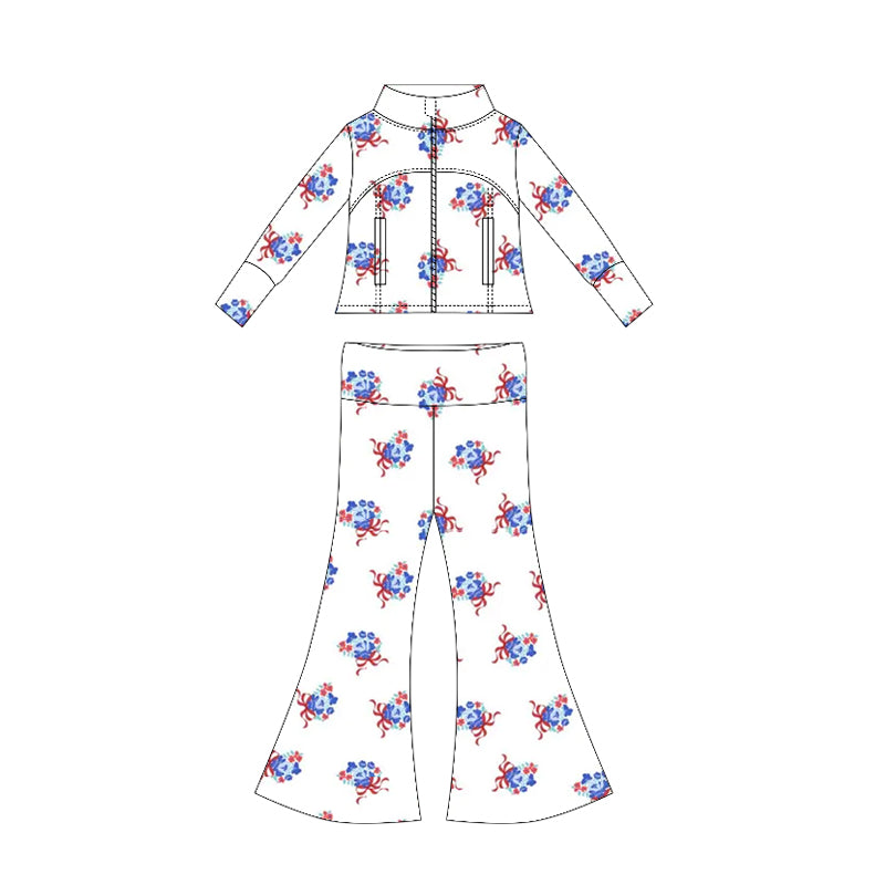 Preorder moq 10 Baby Girls Long Sleeves Red Bows Flowers Pockets Zipper Top Bell Bottom Pant Set