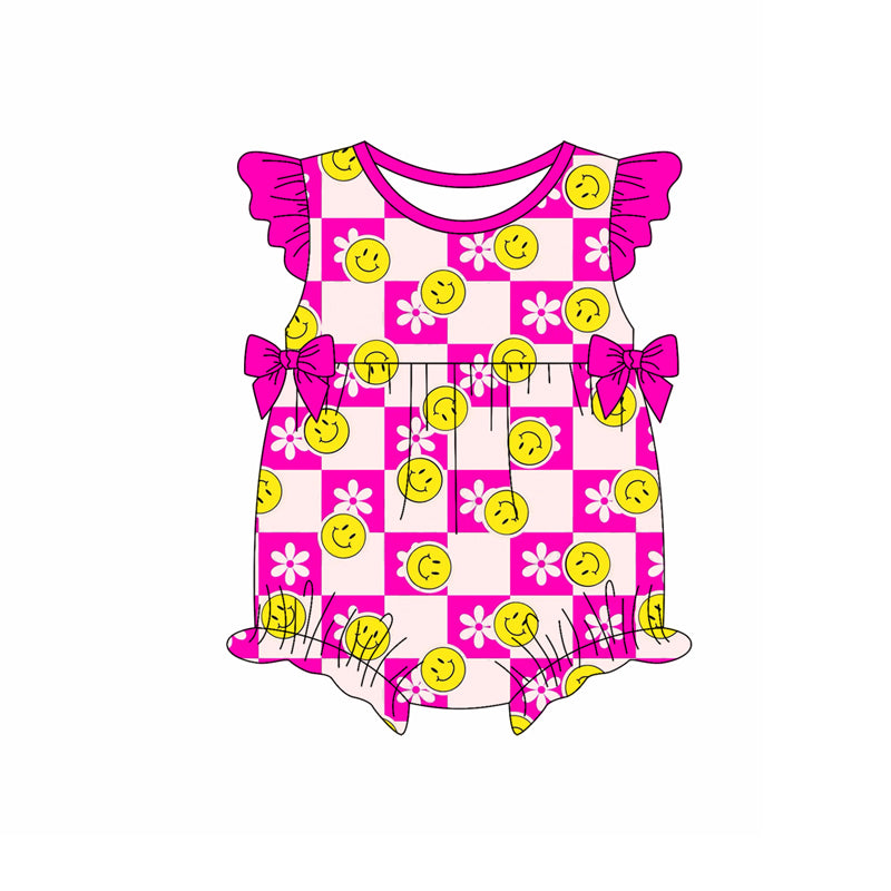 Preorder moq 5 Baby Girls Hot Pink Flutter Sleeves Smiles Flowers Plaid Ruffle Rompers