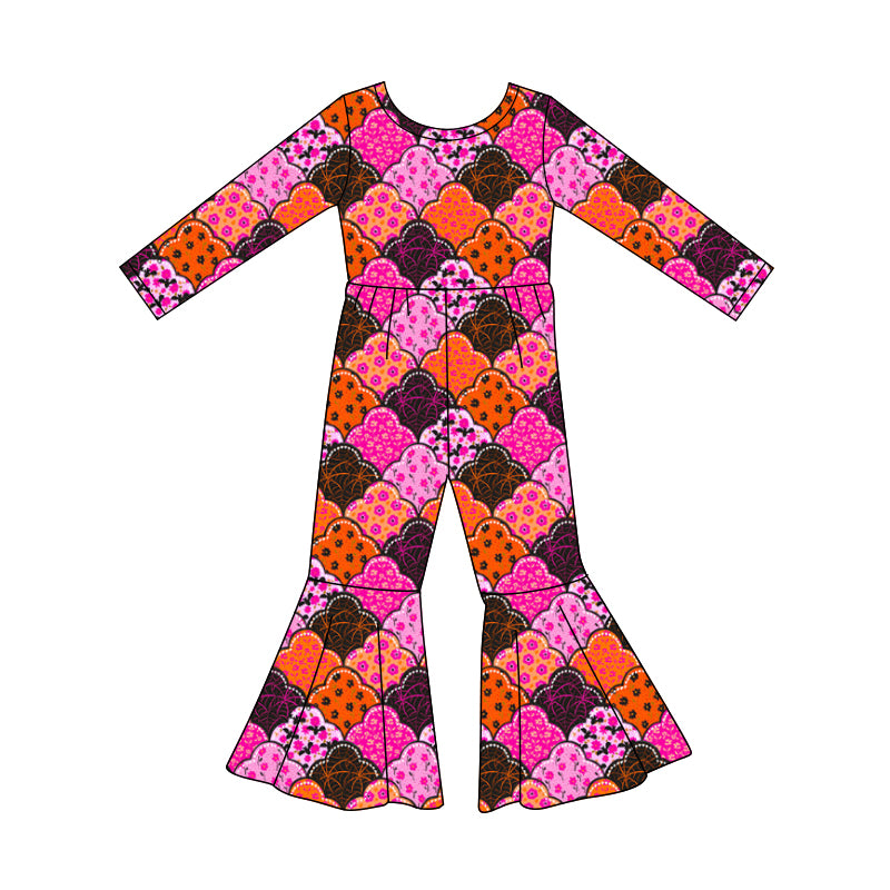Preorder (moq 5)Baby Girls Bats Flowers Checked Bell Bottom Halloween Jumpsuits