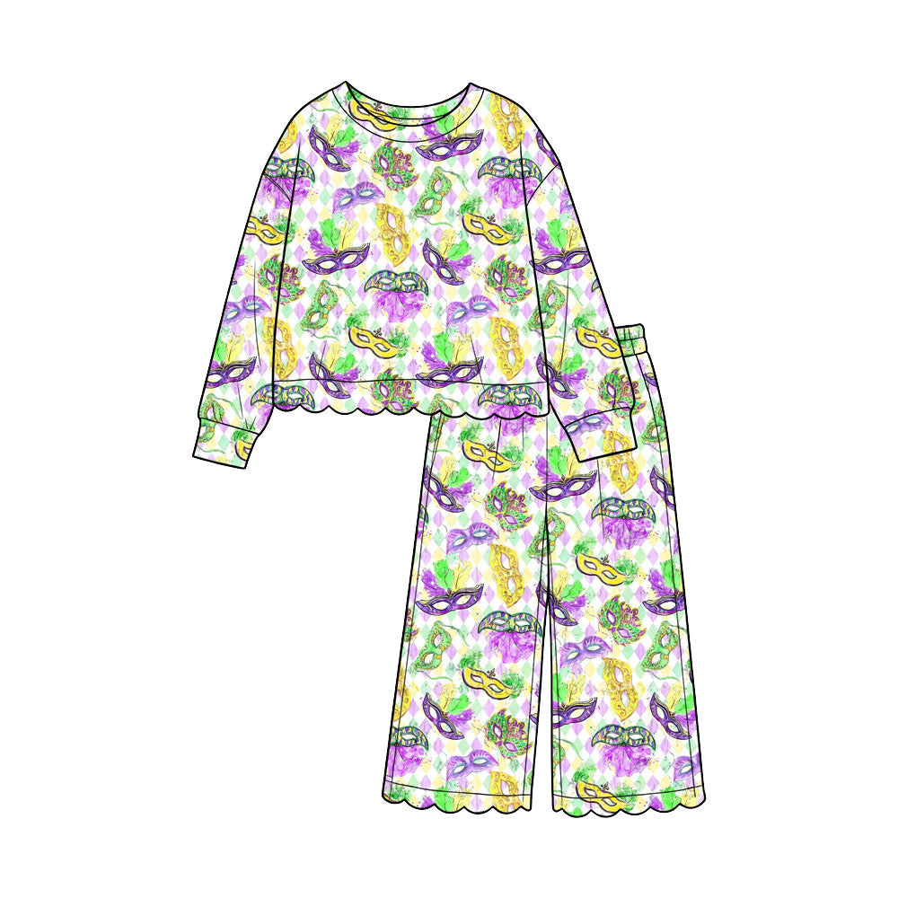 Preorder (moq5) Baby Girl Clothes Mardi Gras Diamond Mask Print Long Sleeve Scalloped Top Wide Leg Pant Set