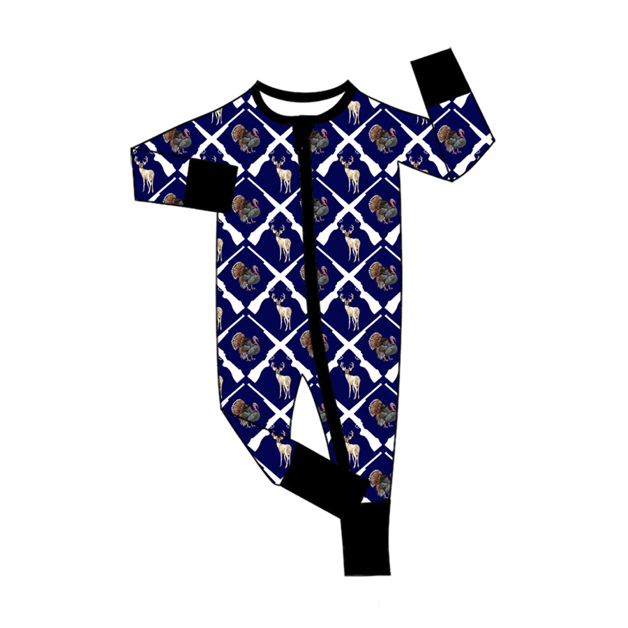 Preorder (moq 5)Baby Boys Deer Turkey Checked Hunting Two Way Zip Convertible Rompers