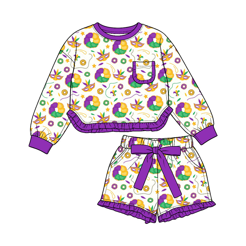 Preorder (moq5) Baby Girls Anchors Masks Donuts Pocket Top Ruffle Bow Short Mardigras Set