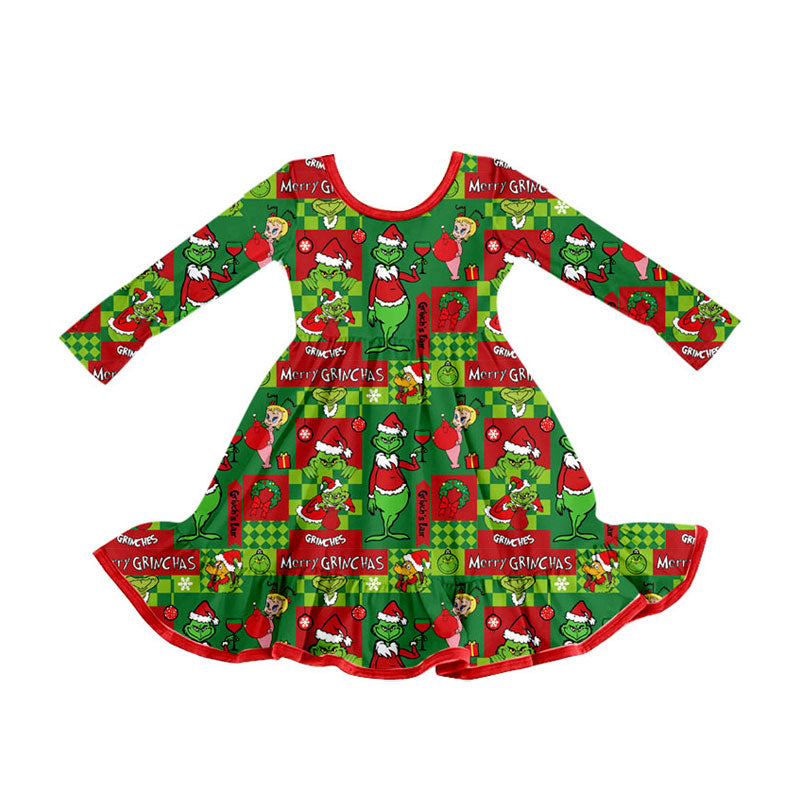 Preorder (moq 5)Baby Girls Green Faces Miss Christmas Ruffle Knee Length Dresses