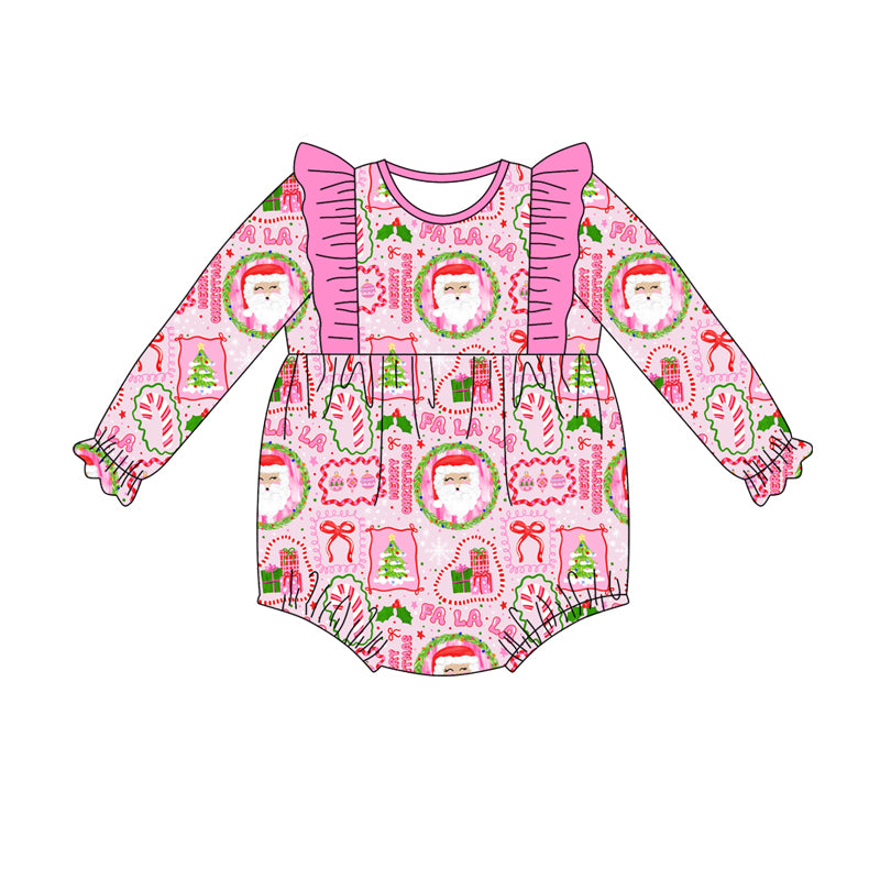 Preorder(moq 5)Baby Girls Pink Santa Candy Cane Plaid Ruffle Rompers