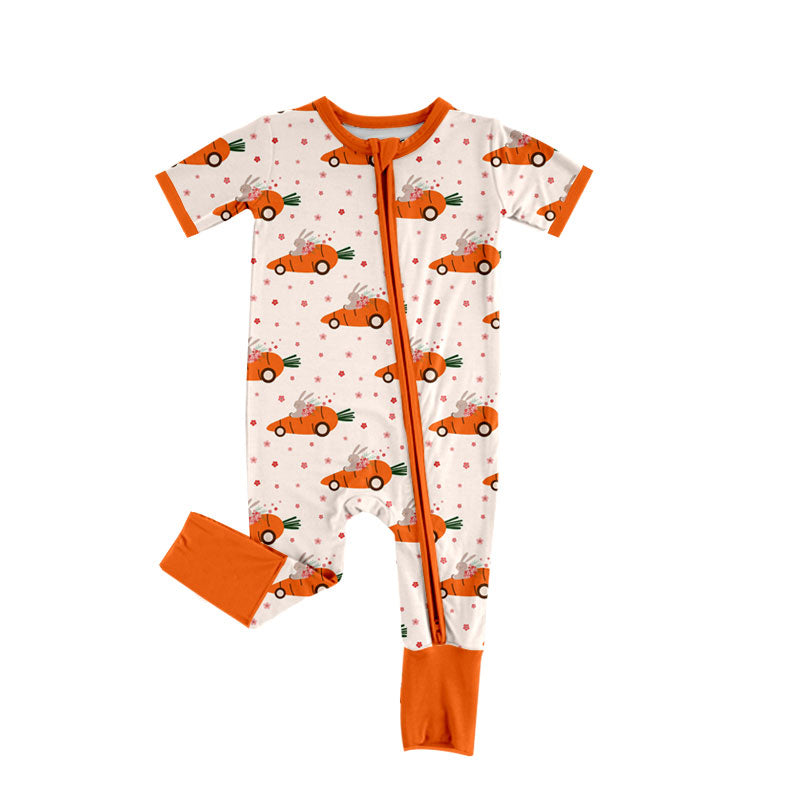 Preorder (moq 5) Baby Girl Clothes Bunny Driving Carrot Car Allover Print Short Sleeve Zip Romper Jumpsuit