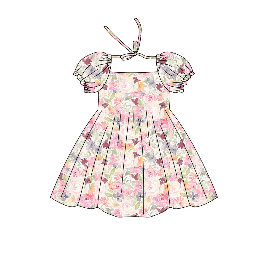 Preorder (moq 5)Baby Girls Short Ruffle Sleeve Colorful Floral Knee Length Dresses