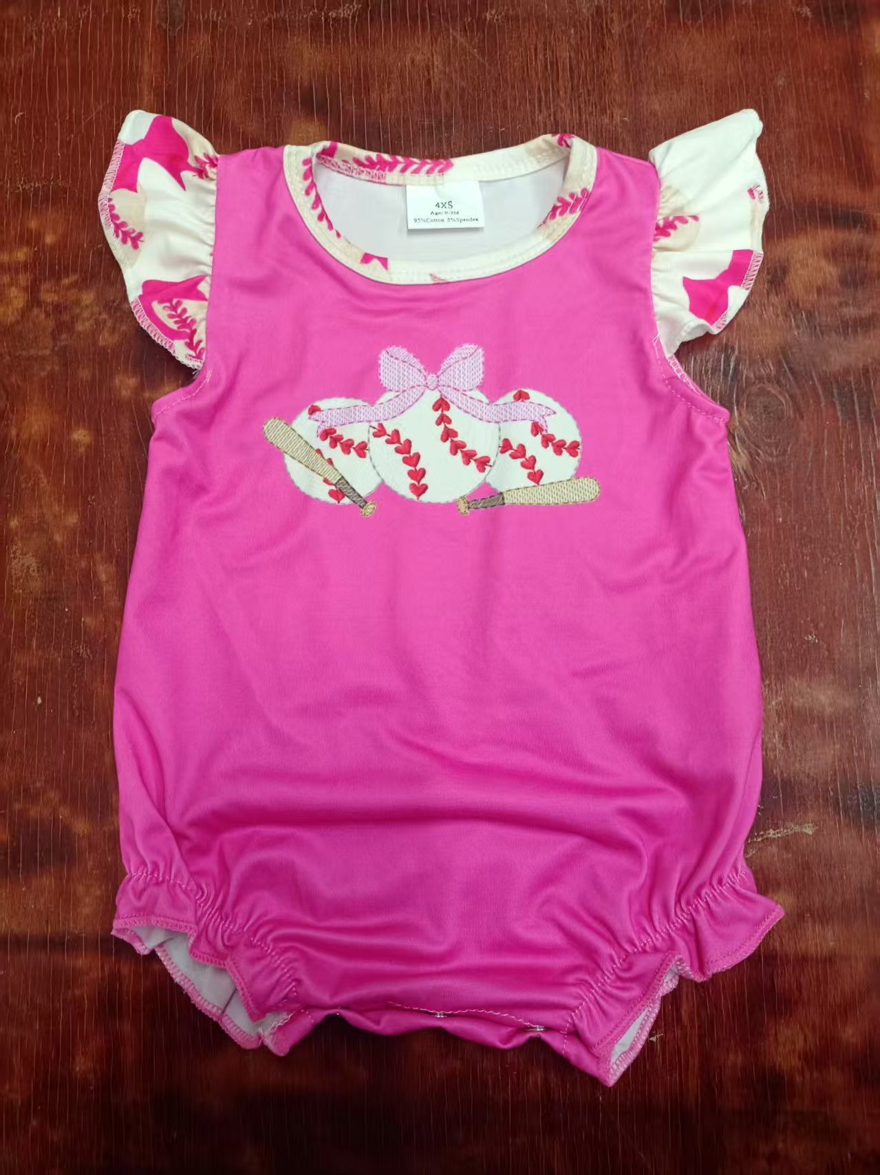 Preorder moq 5 Baby Girls Pink Flutter Sleeves Baseballs Bows Ruffle Rompers