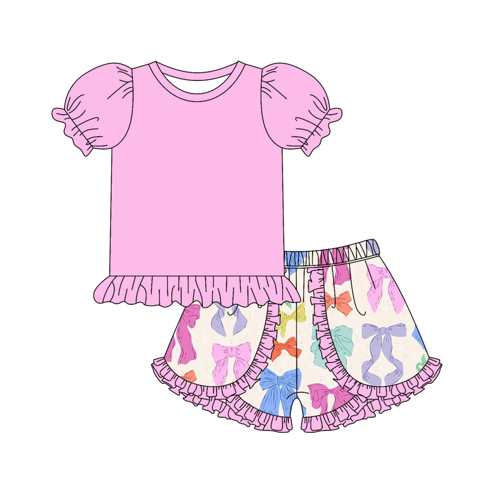 Preorder moq 5 Baby Girls Pink Short Ruffle Sleeves Tunic Colorful Bows Ruffle Short Set