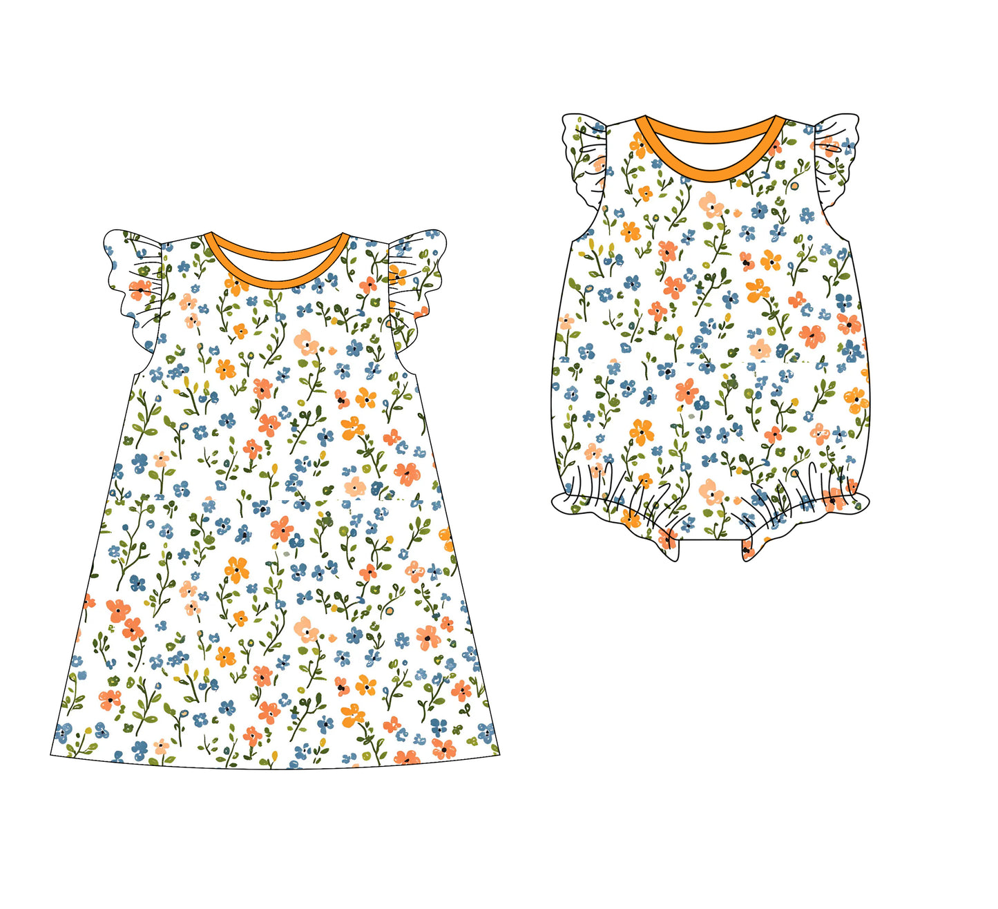 Preorder moq 5 Custom Baby Girls Flutter Sleeves Yellow Floral Knee Length Dresses Rompers