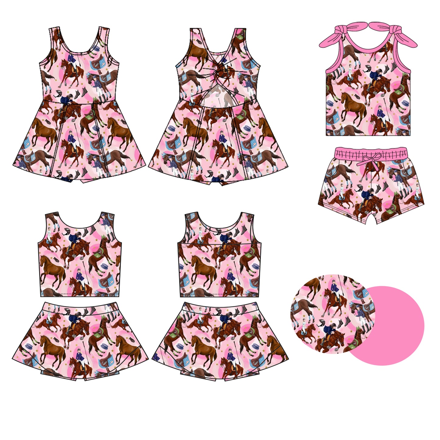 Preorder moq 5 Custom Baby Girls Pink Sleeveless Horse Rodeo Top Skort Set Knee Length Dress Pockets Short Set